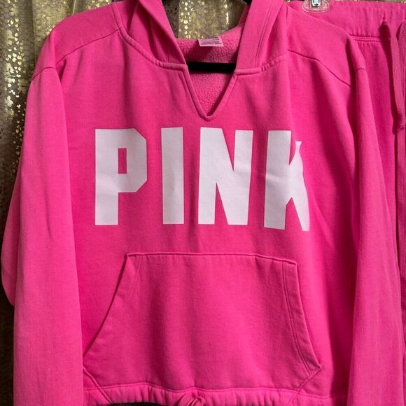 PINK Victorias Secret Cinched‎ Crop Hoodie & Sweatpants Atomic Pink Set L/XL - Picture 3 of 11
